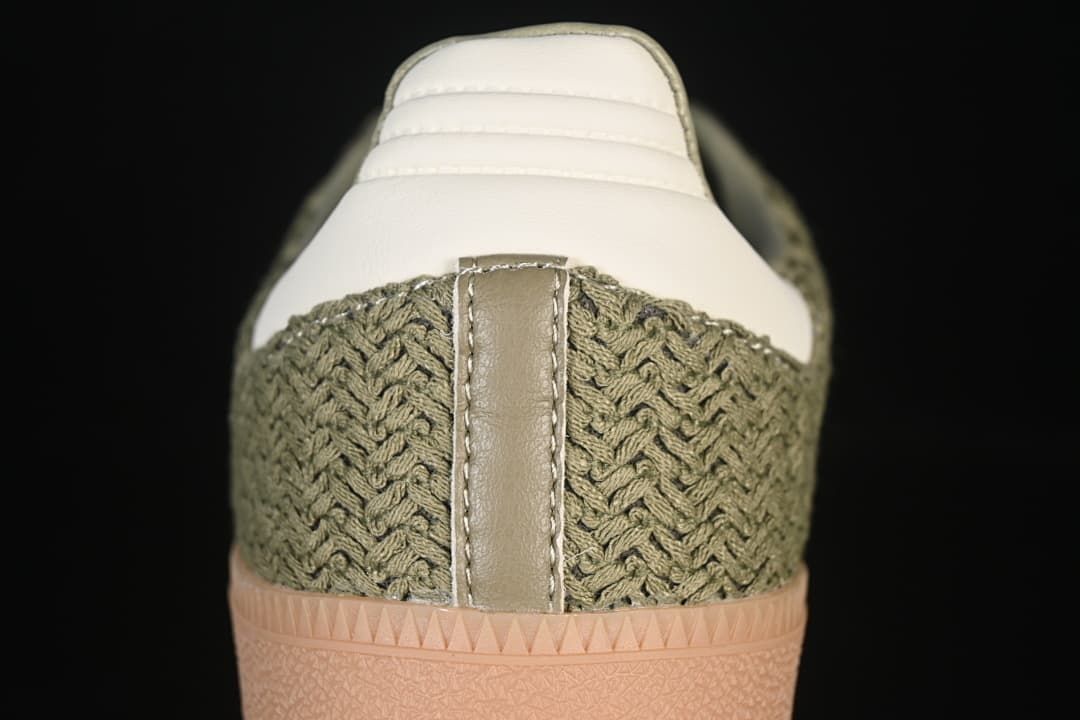 Rear view highlighting the woven-look heel and gum outsole