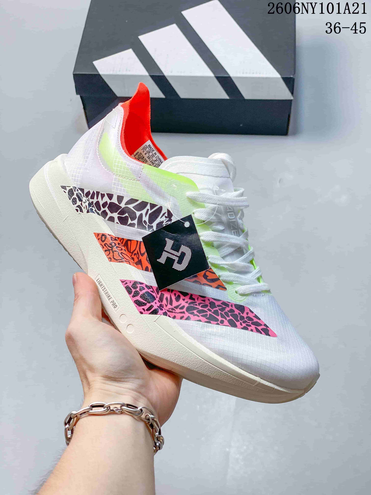 White Adidas running shoe with patterned pink and orange accents and Lightstrike Pro sole; image text shows 36–45.