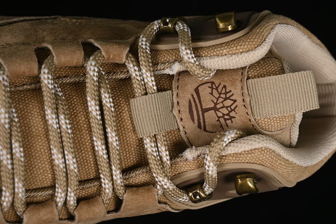 Top-down close-up of the laces, textile tongue, and logo patch.