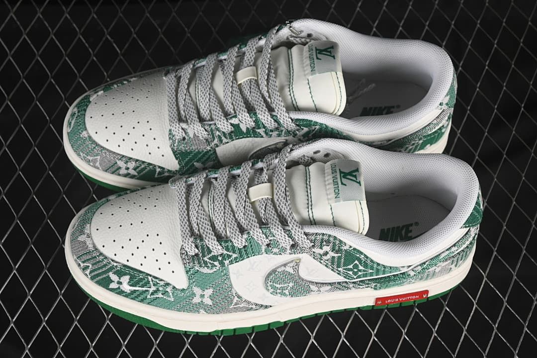 Pair of green-and-white patterned low-top sneakers viewed from above