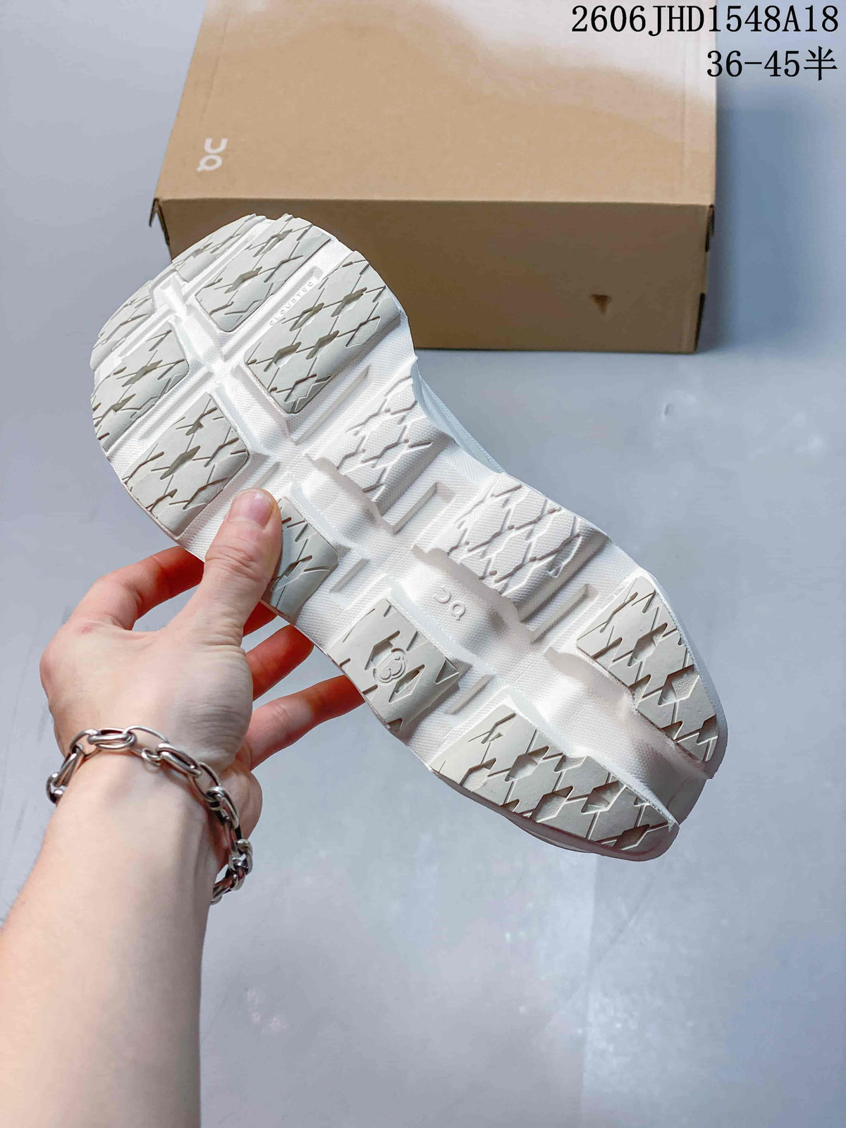 Close-up of the segmented tread on a white sneaker outsole