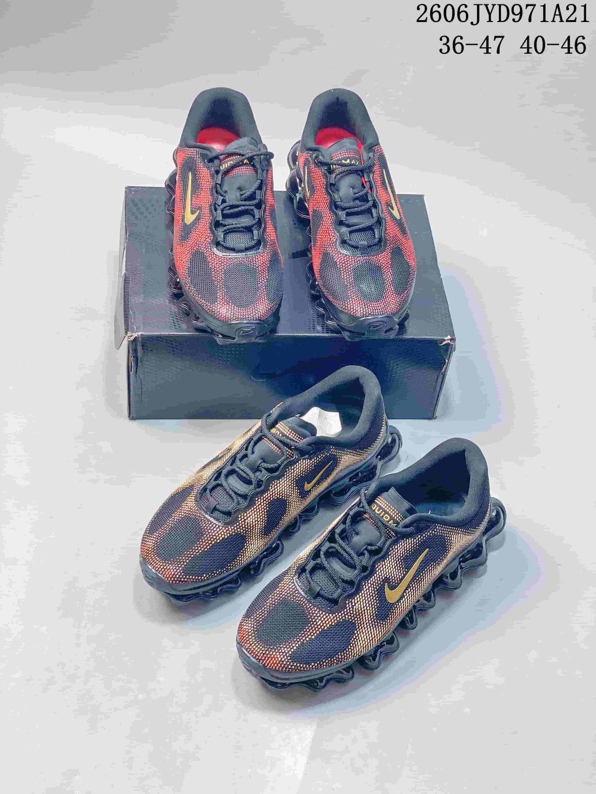 Several views of patterned navy, red and gold Nike Air Liquid Max shoes; image displays two size ranges.