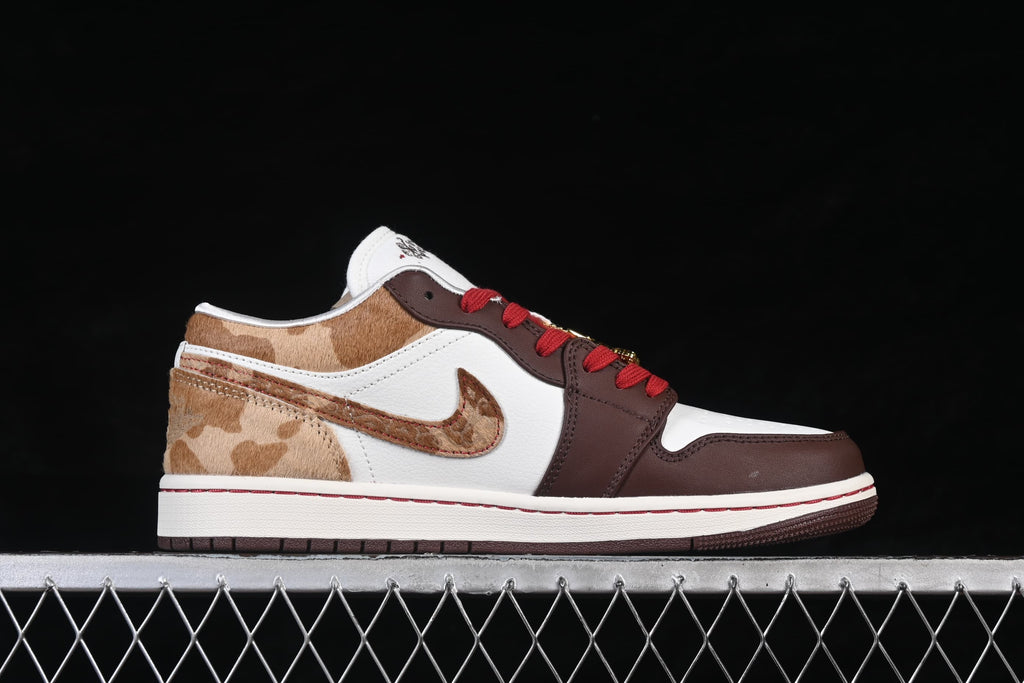 Side profile showing the white and brown panels with patterned heel and Swoosh