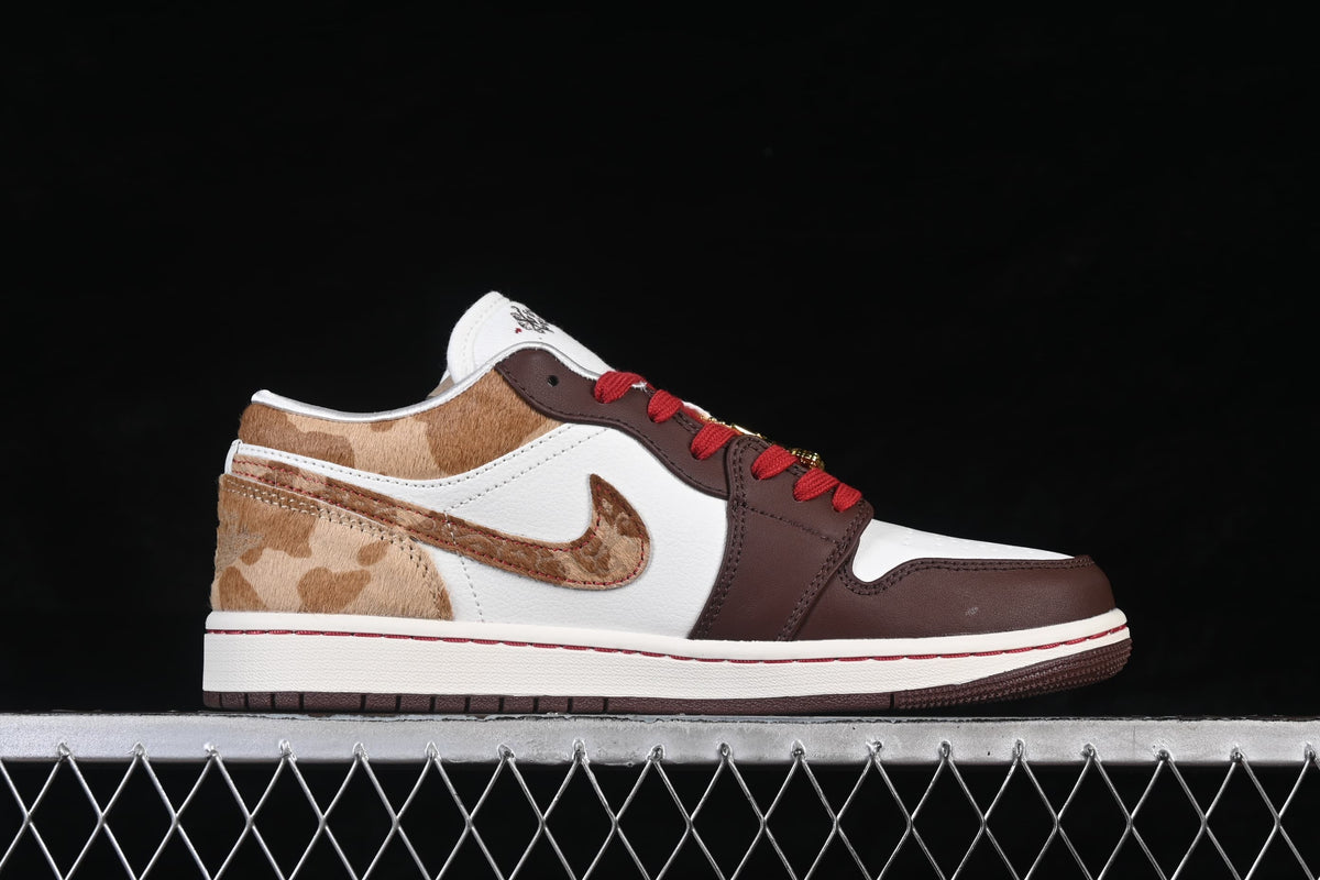 Side profile showing the white and brown panels with patterned heel and Swoosh