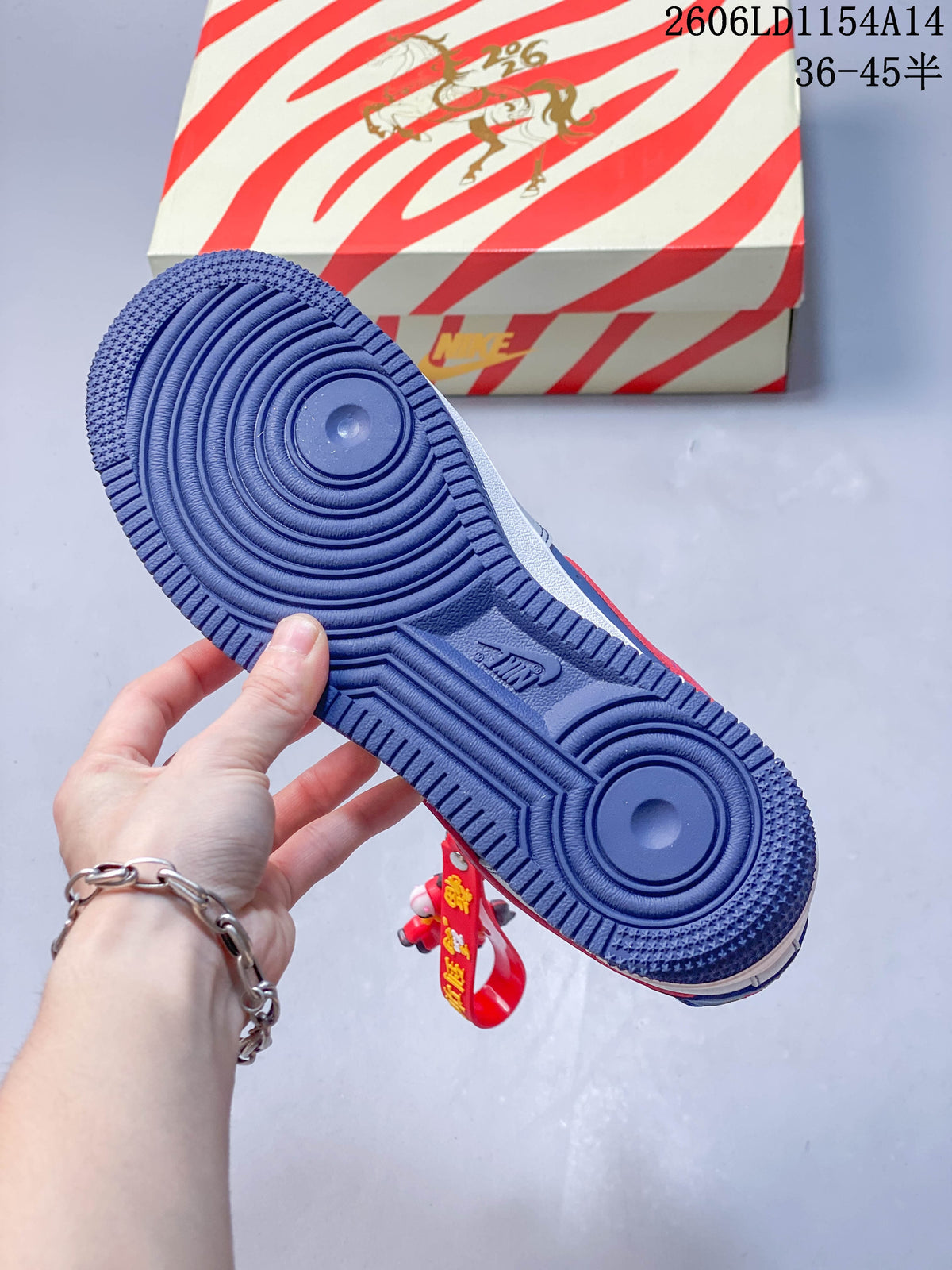 Blue outsole of a Nike Air Force 1 ’07 Low sneaker, with the patterned box in the background.