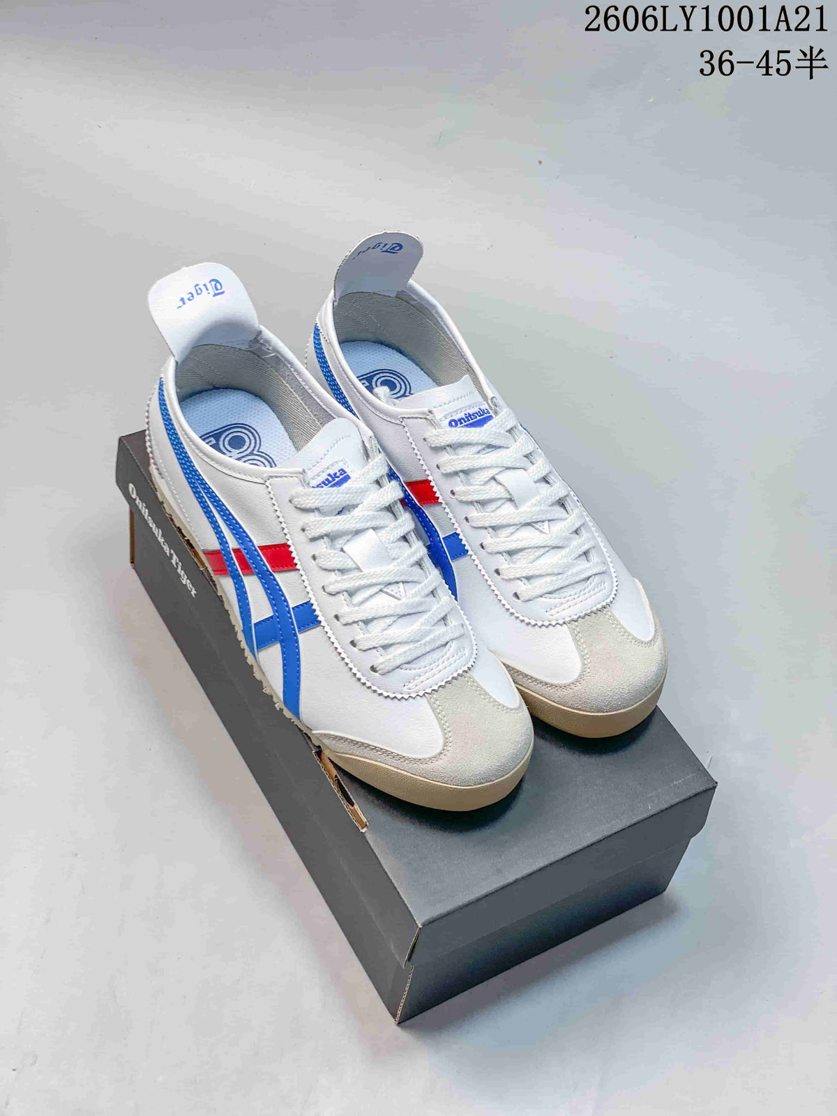 White Onitsuka Tiger Mexico 66 sneakers with blue and red stripes, shown as a pair
