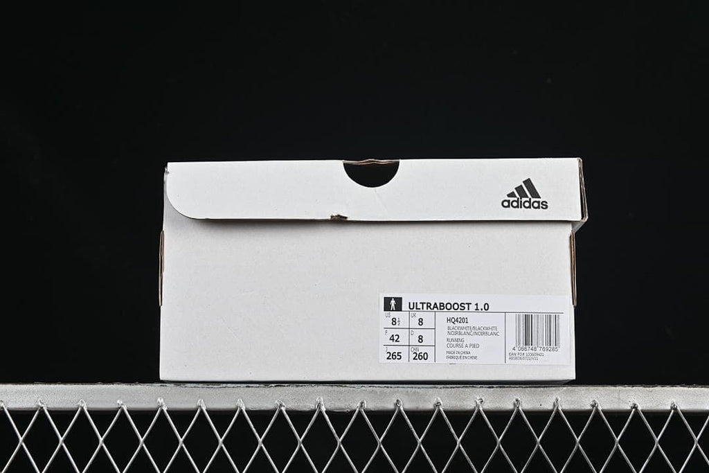 Shoe box label identifying UltraBoost 1.0, style HQ4201, and sample size EU 42.
