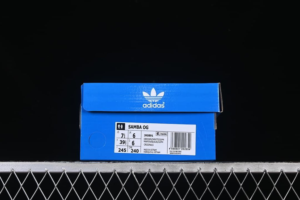 Blue adidas shoe box with a label showing Samba OG and style code JR0891
