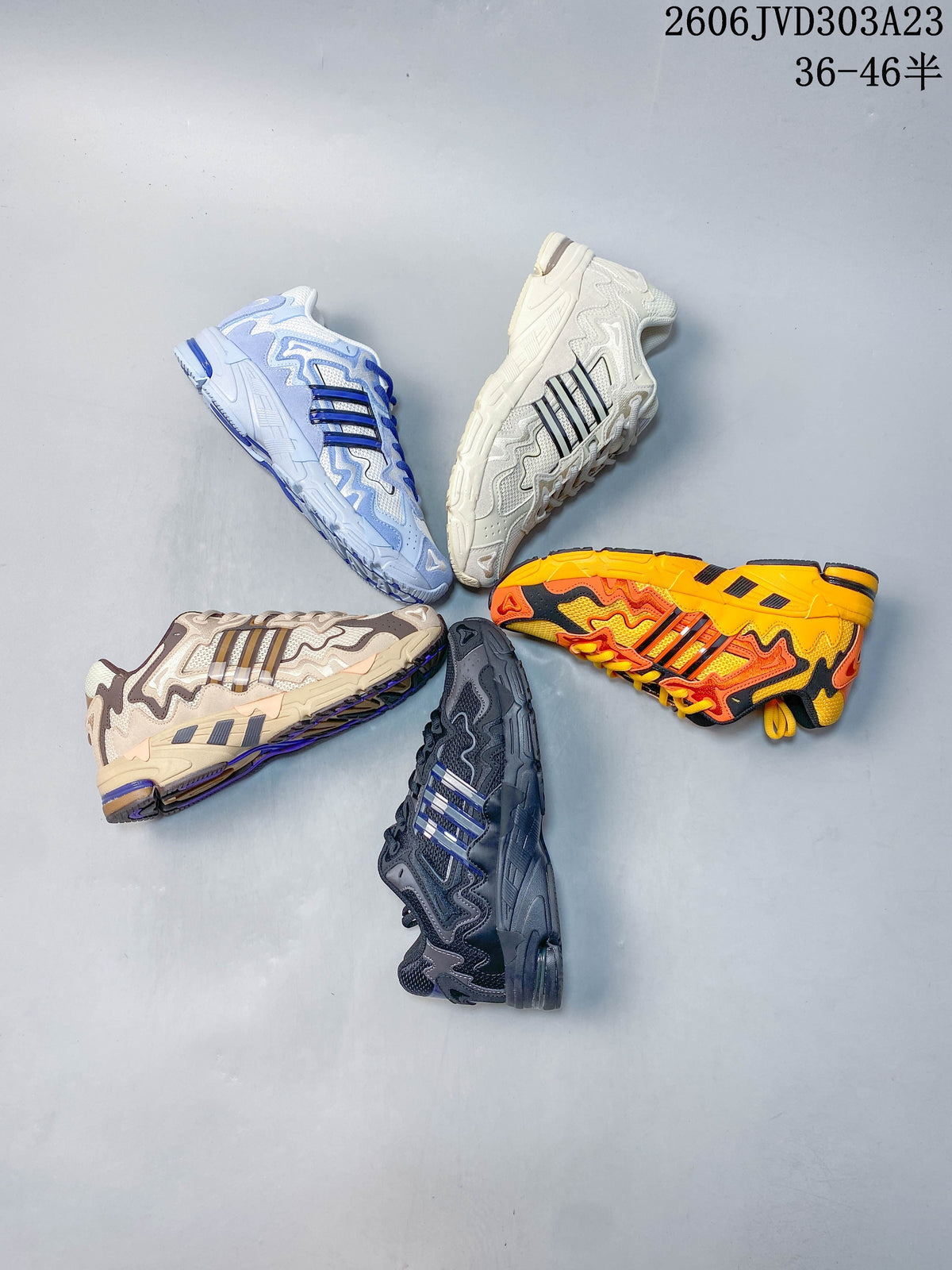 Five adidas Response CL sneakers shown in taupe, blue, cream, charcoal, and orange colorways