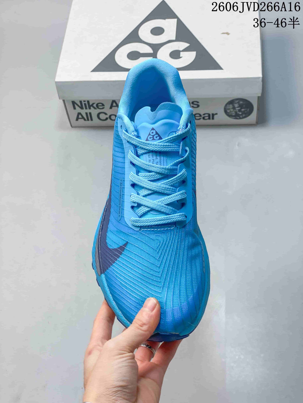 Top view of the blue lace-up trail shoe