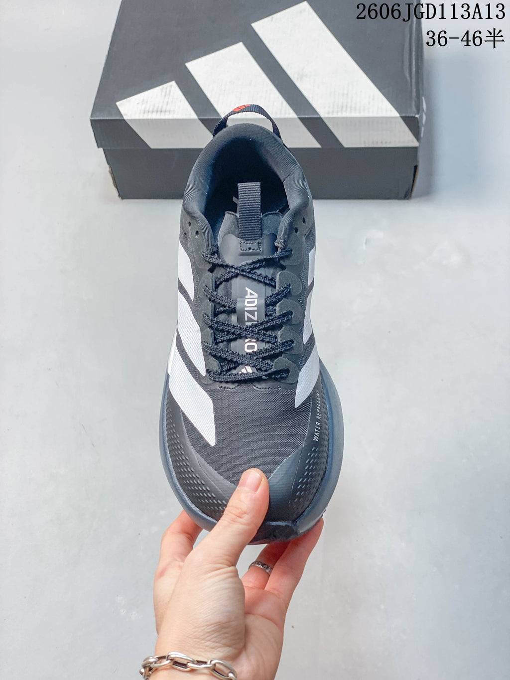 Top view showing the laces, tongue, and mesh-like upper of the shoe.