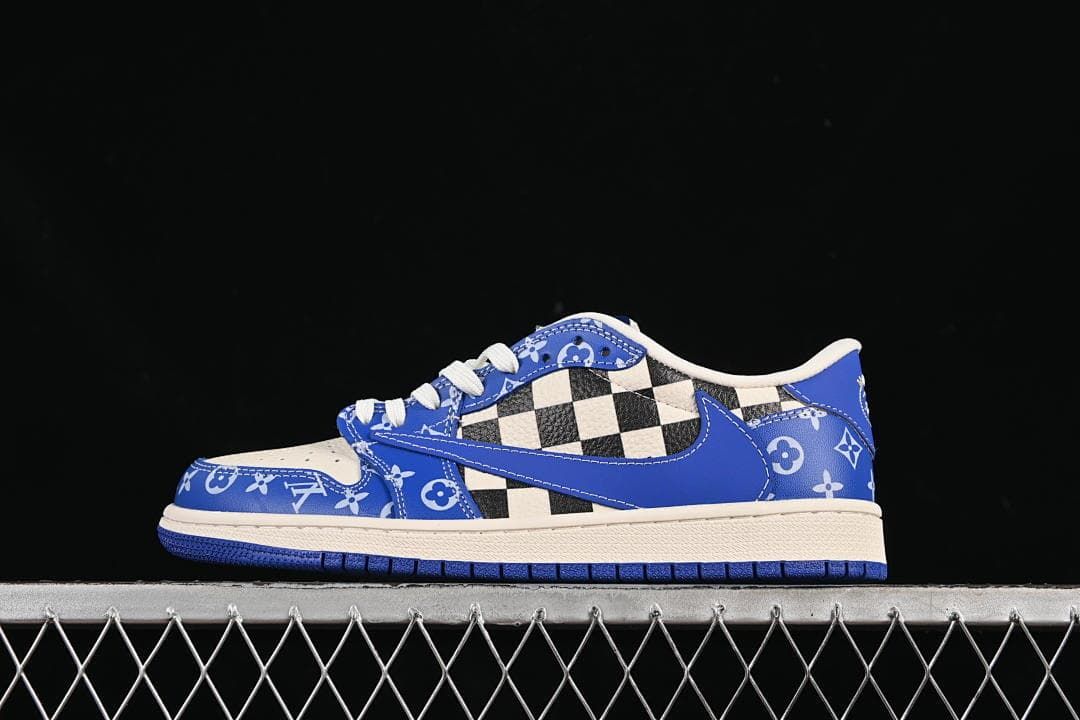 Side view of a blue and off-white low-top sneaker with checkerboard panel and patterned overlays