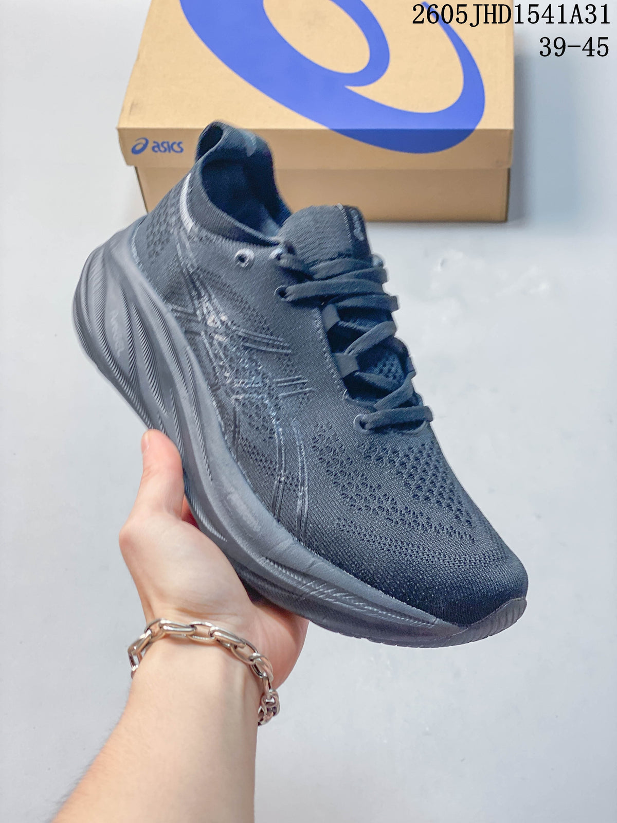 Angled side view of a dark gray ASICS GEL-NIMBUS 26 running shoe