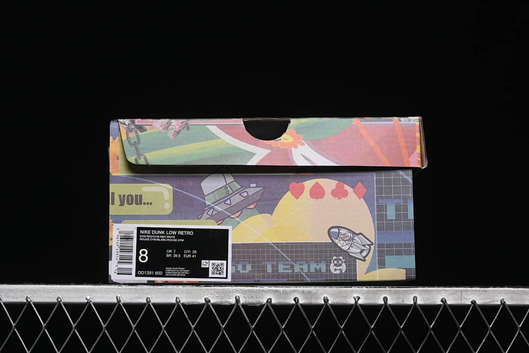 Shoebox label showing Nike Dunk Low Retro, EU 41, and DD1391-602