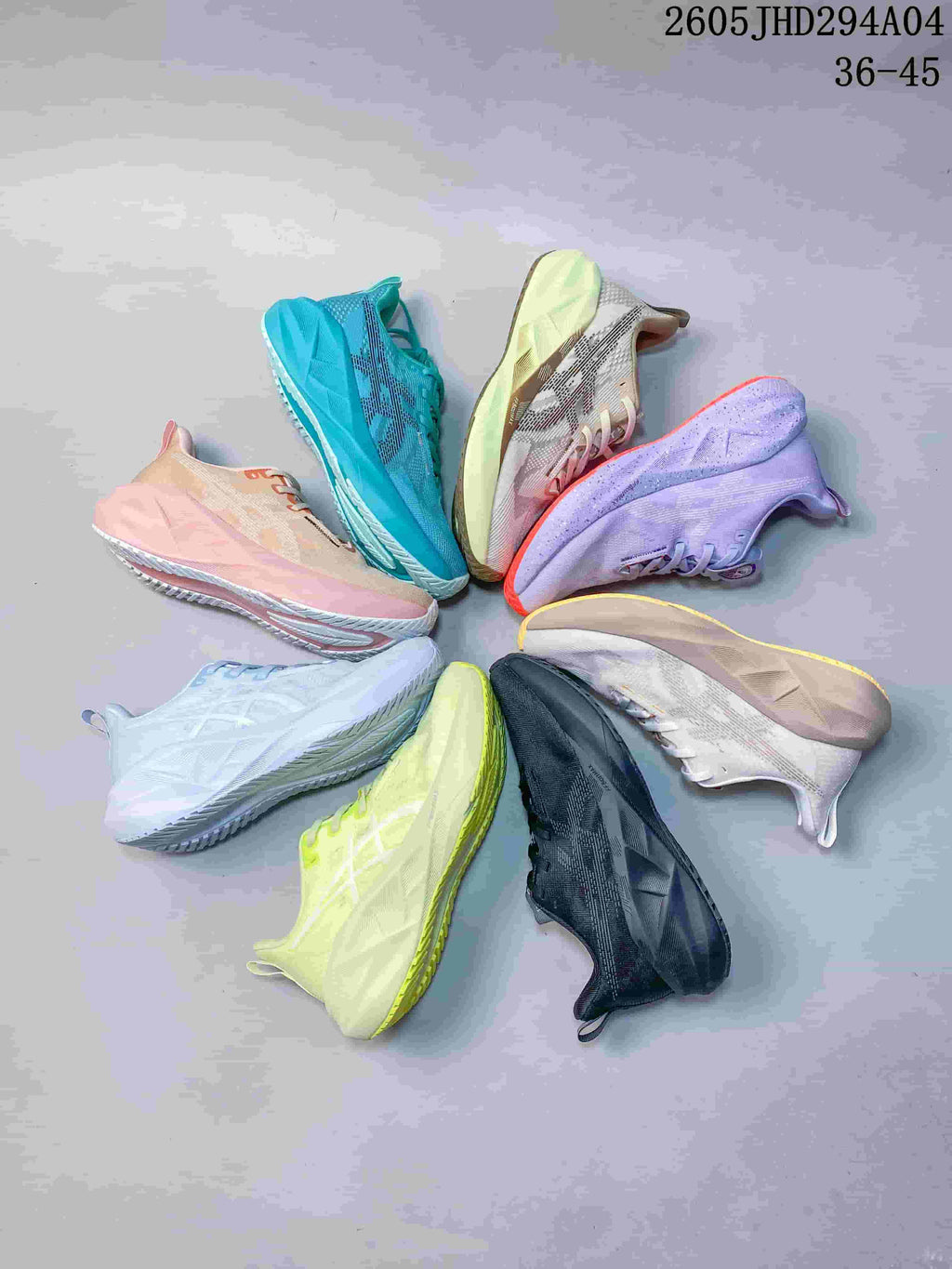 A group of ASICS NOVABLAST 5 LE shoes arranged to show different color combinations
