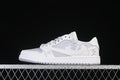 White and light grey low-top sneaker shown from the side against a dark background