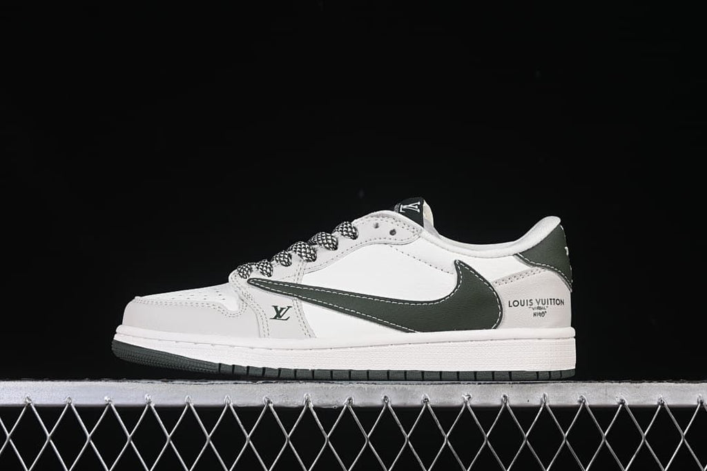 Side view of an off-white low-top sneaker with dark green accents and visible lettering