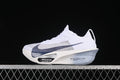 Side view of white Nike Alphafly 3 road racing shoe with navy Swoosh