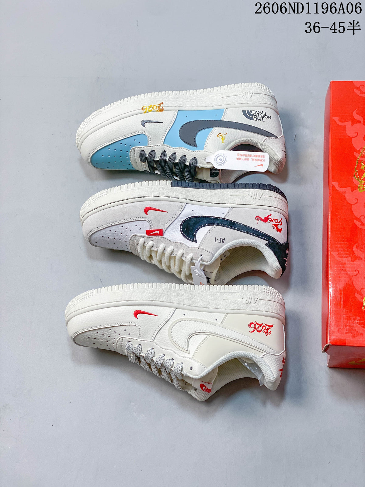Three colorway views of low-top sneakers, including light blue and off-white and two off-white designs