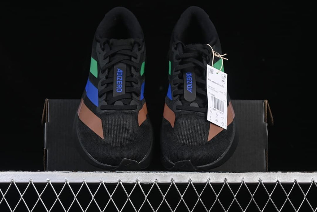 Front view of the pair showing black uppers and colored accents.
