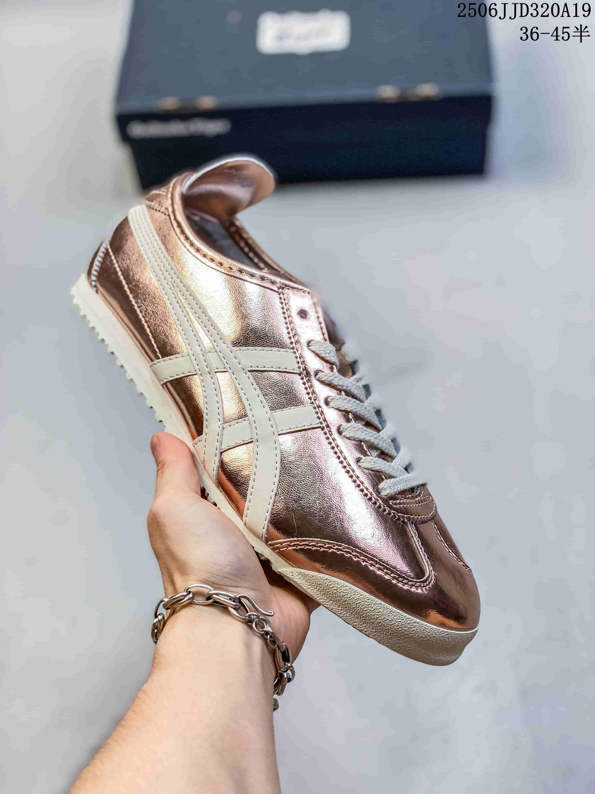 Metallic rose-gold low-top sneaker with pale side stripes
