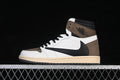 Side view of a brown, white, and black high-top sneaker with a reversed Swoosh