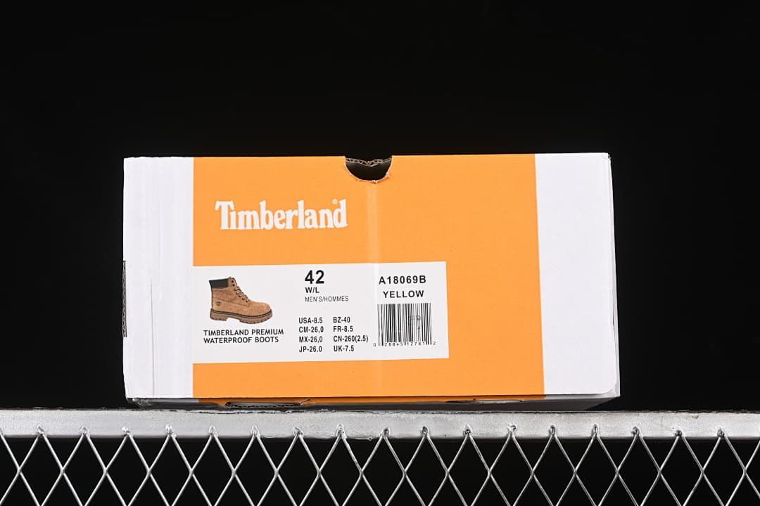 Boot box label showing Timberland, style A18069B, color Yellow, and sample size 42