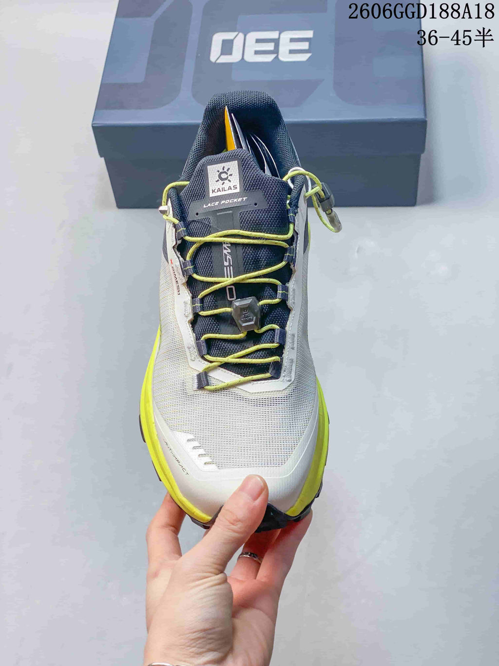 Top view of the shoe showing quick lacing and a tongue pocket; image text shows style code 2606GGD188A18 and size range 36–45.5.