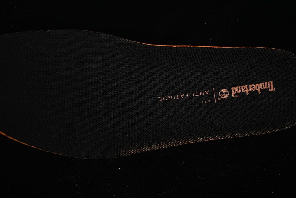 Close-up of the black insole with Timberland branding