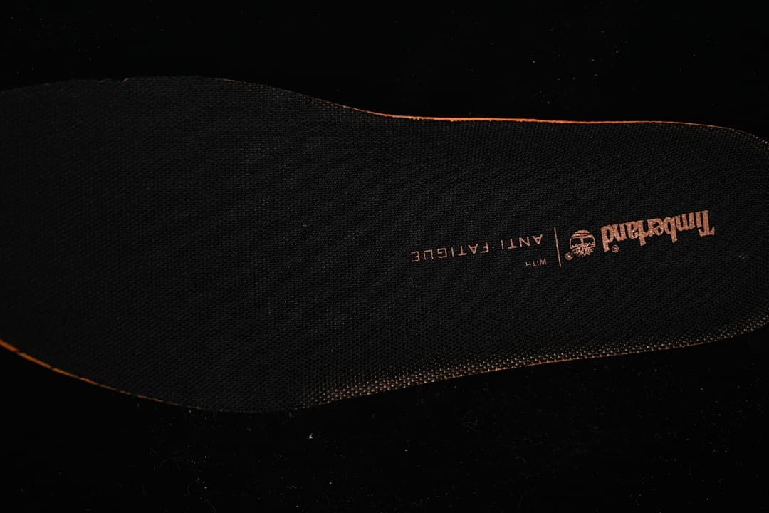 Close-up of the black insole with Timberland branding