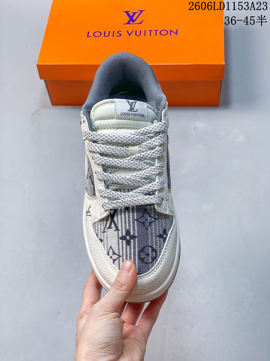 Top view showing the laces, tongue, and patterned toe panel