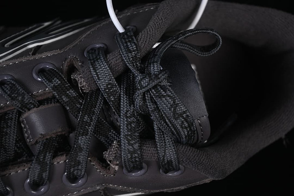 Close-up of dark laces and lace eyelets