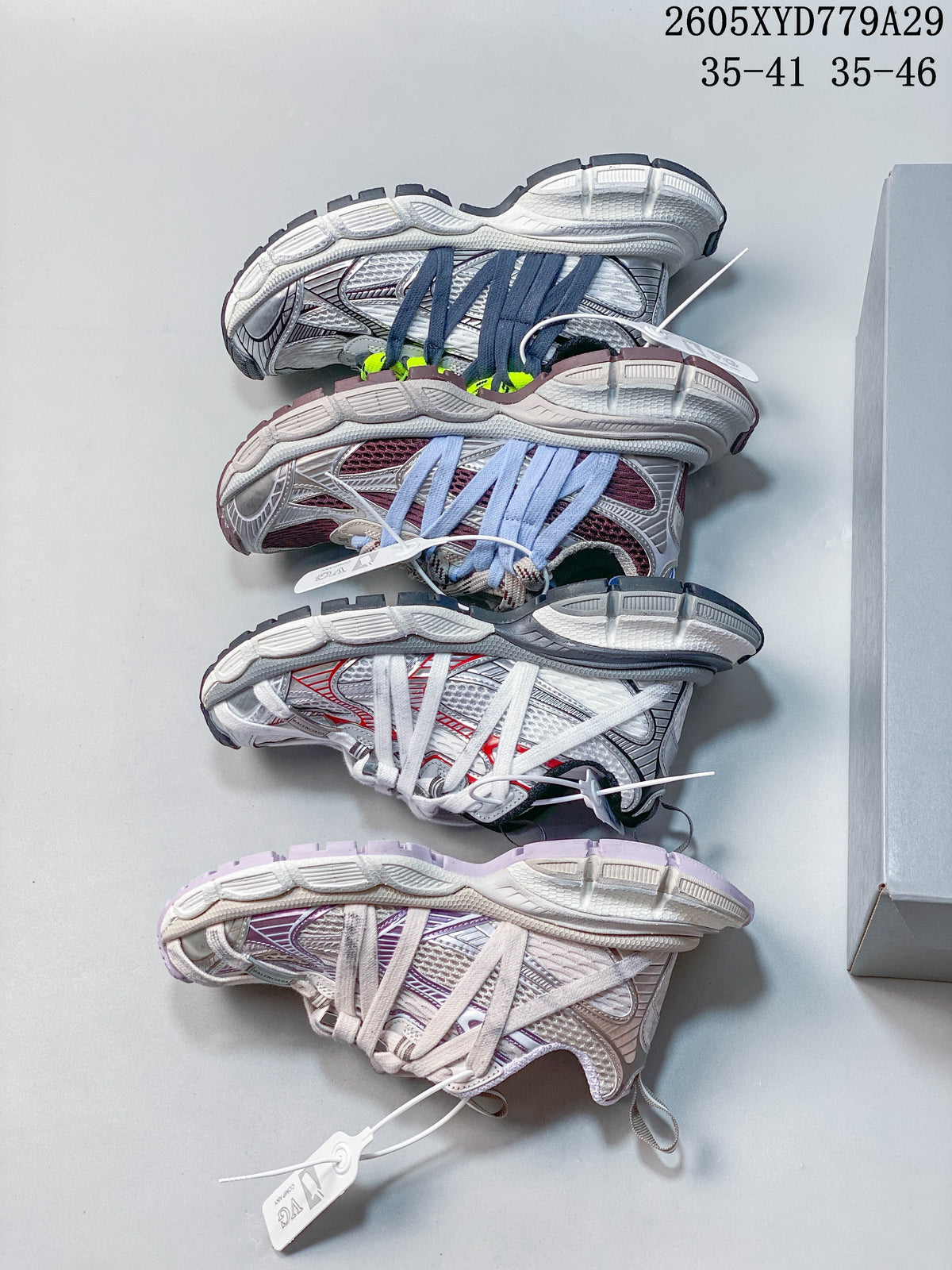 Four Balenciaga Phantom colorways shown from the side, with size ranges printed in the image.