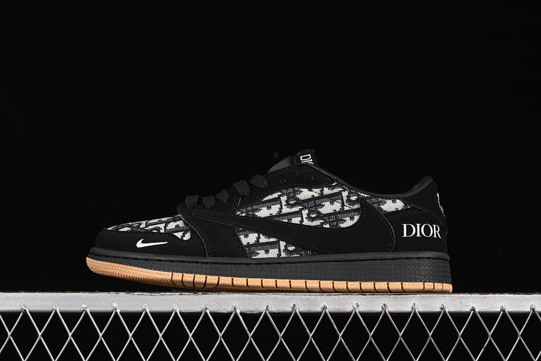 Side view of a black patterned low-top sneaker with a Swoosh, Dior lettering, and gum-colored outsole