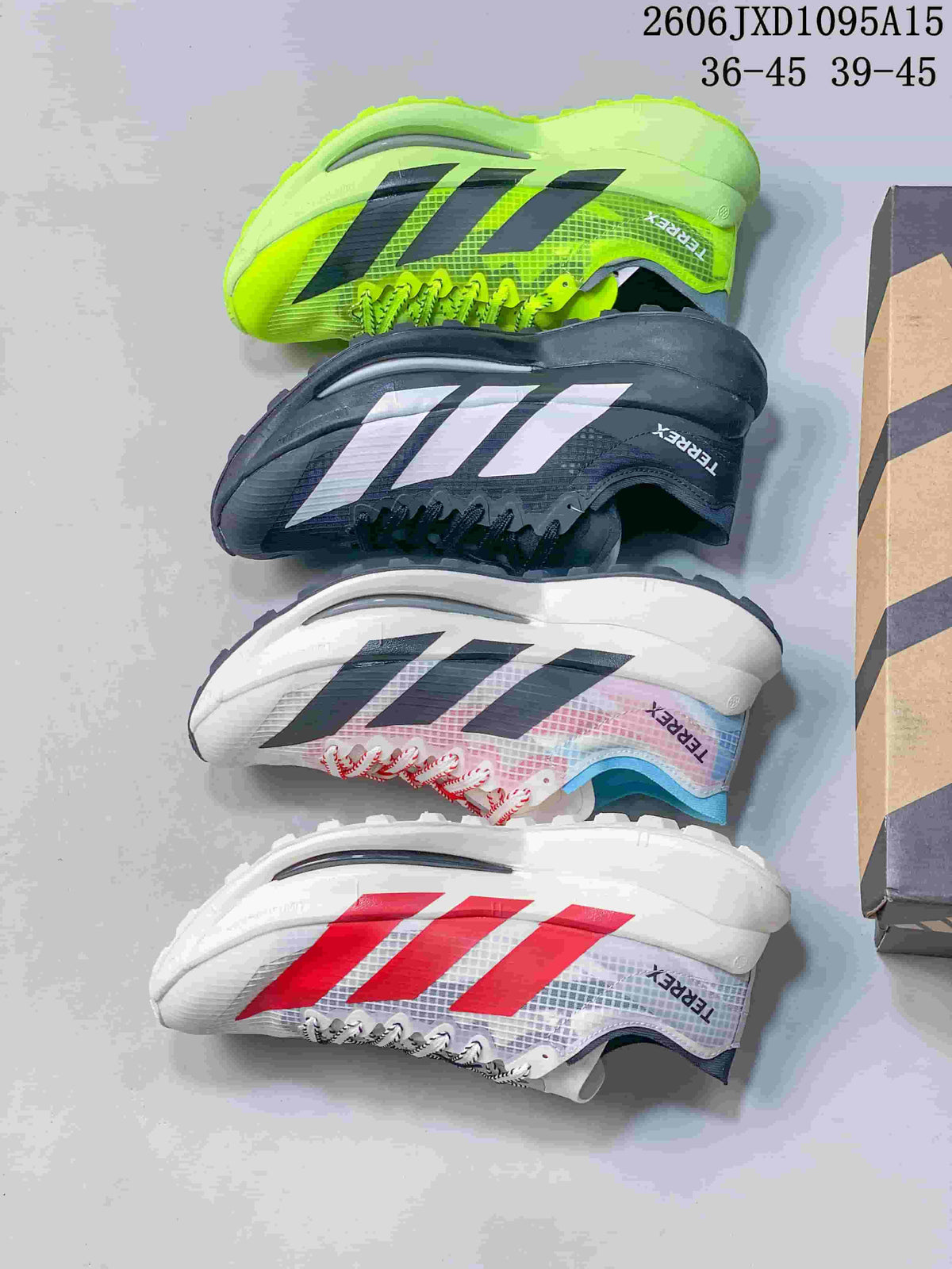 Four Adidas Terrex shoe colorways shown from above