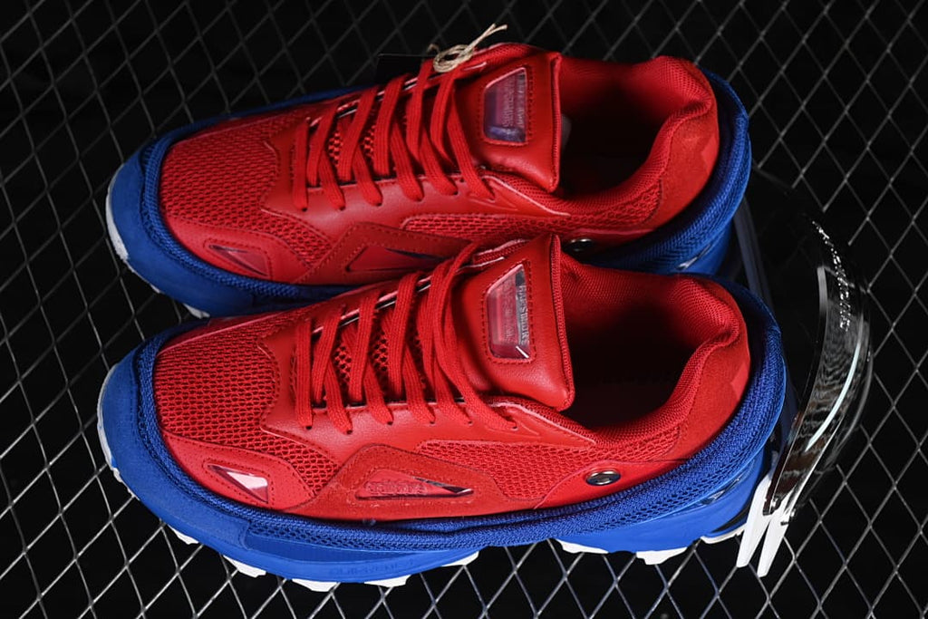 Top view of the pair showing red laces and blue trim