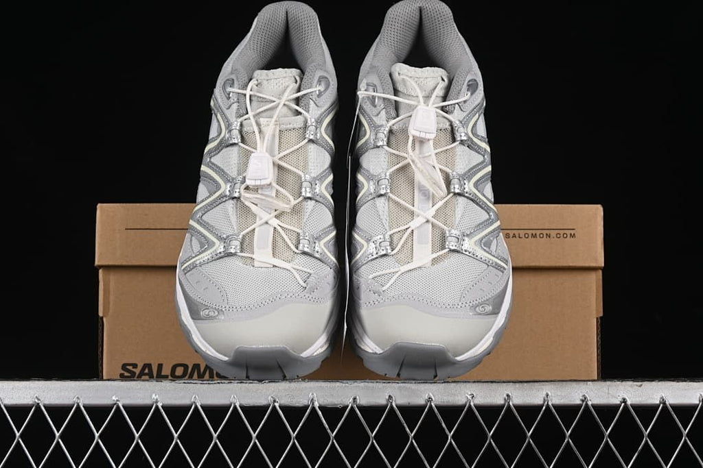 Front view of the pair displayed on a Salomon shoebox.