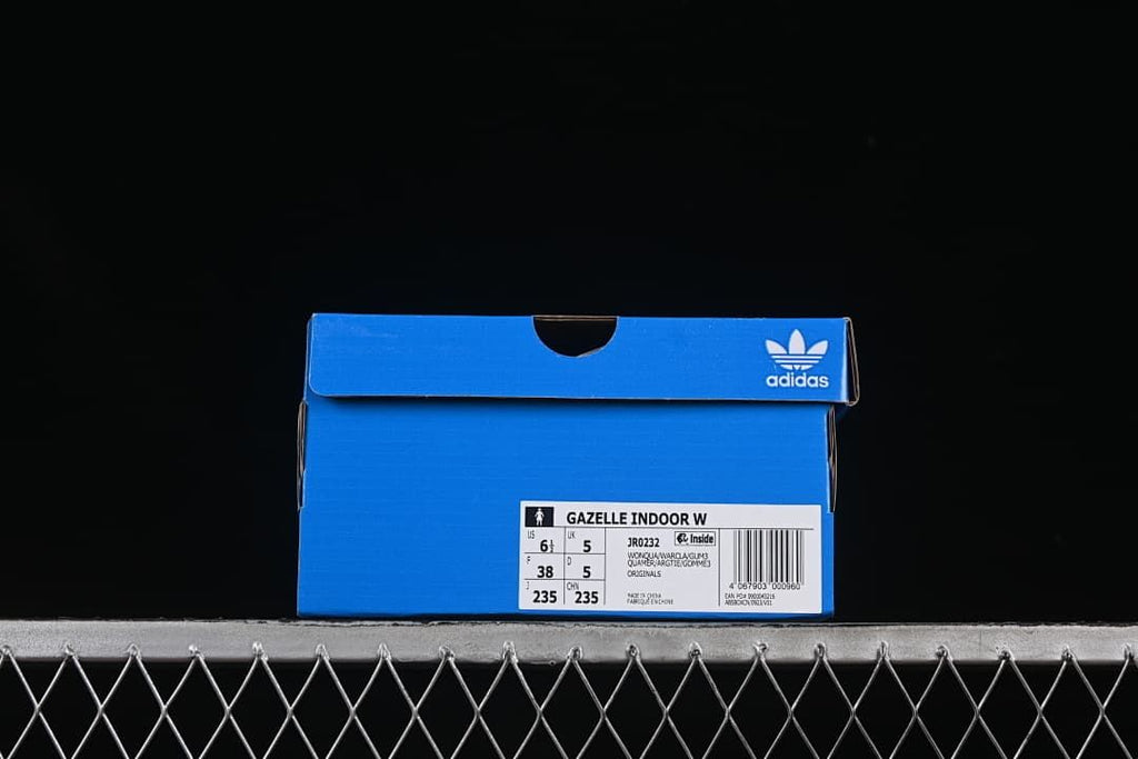 adidas shoe box label showing Gazelle Indoor W, JR0232 and size markings