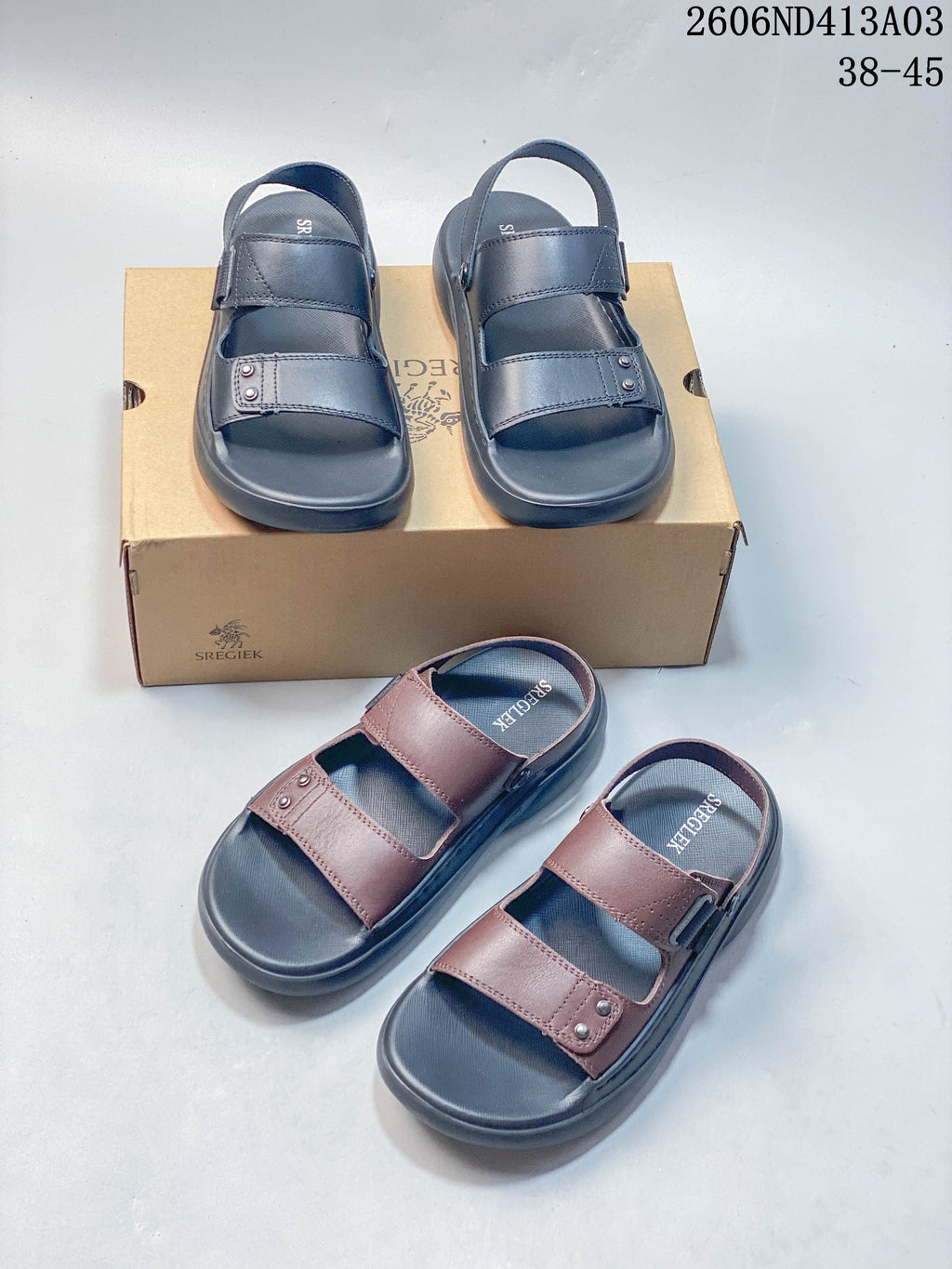 Navy and brown sandals shown from above; the image states sizes 38–45.