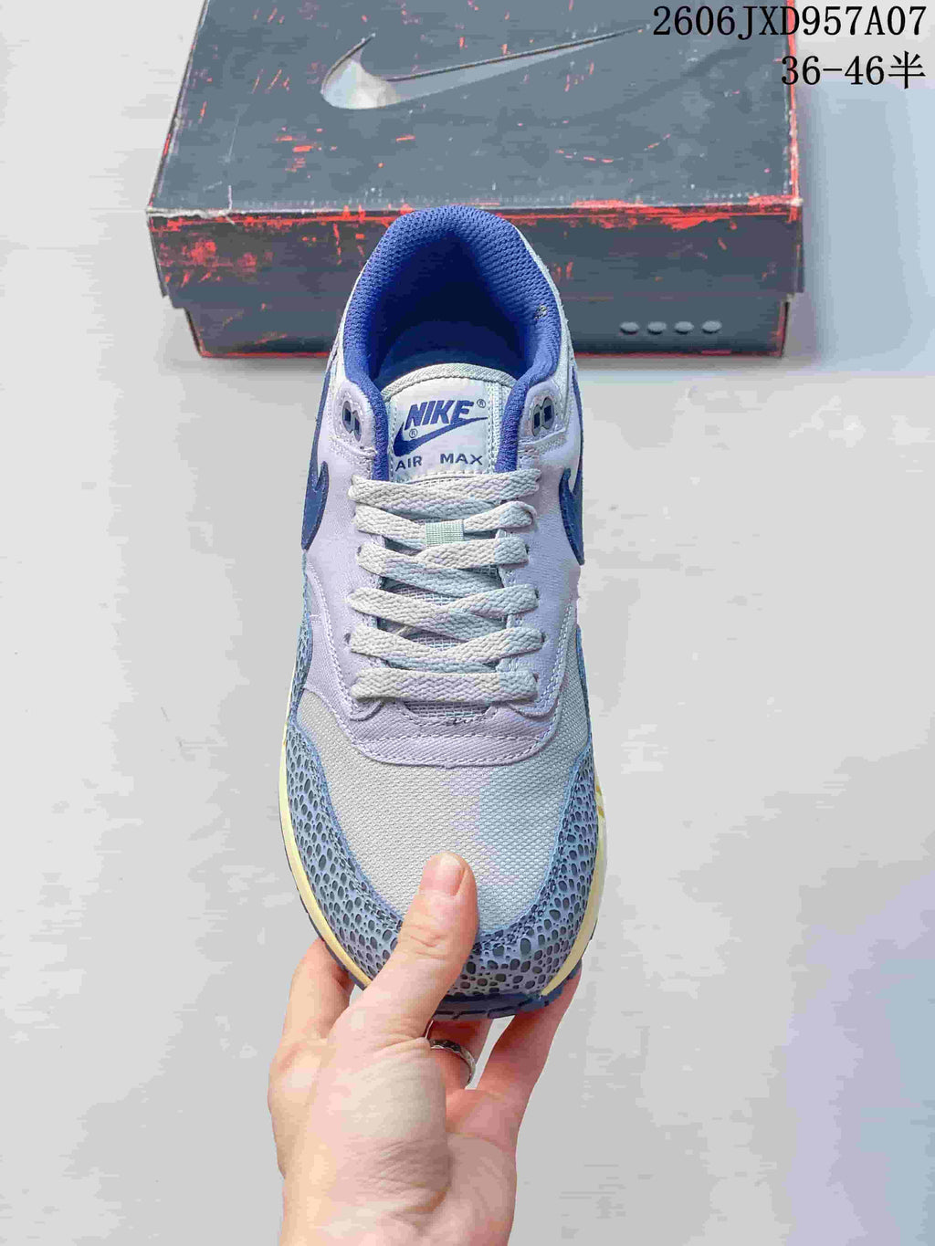 Top view of the Nike Air Max 1 '86 Premium sneaker with blue lining and pale laces.