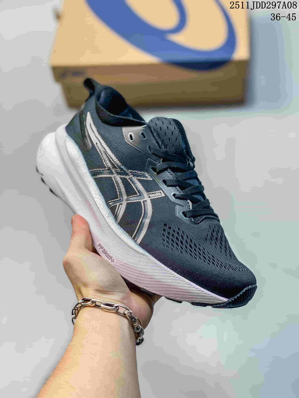 Dark gray ASICS lace-up running shoe with perforated upper and white midsole