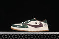 Side view of a low-top sneaker in off-white, deep green, and brown with patterned panels and a gum-colored outsole