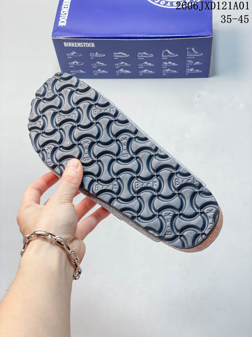 Close-up of the patterned outsole on a gray Arizona BS sandal