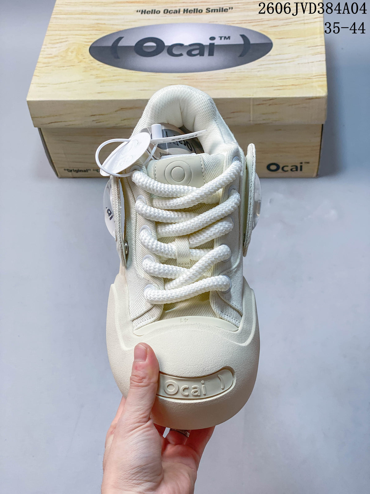 Top view of a cream Ocai sneaker showing thick rope laces and padded tongue