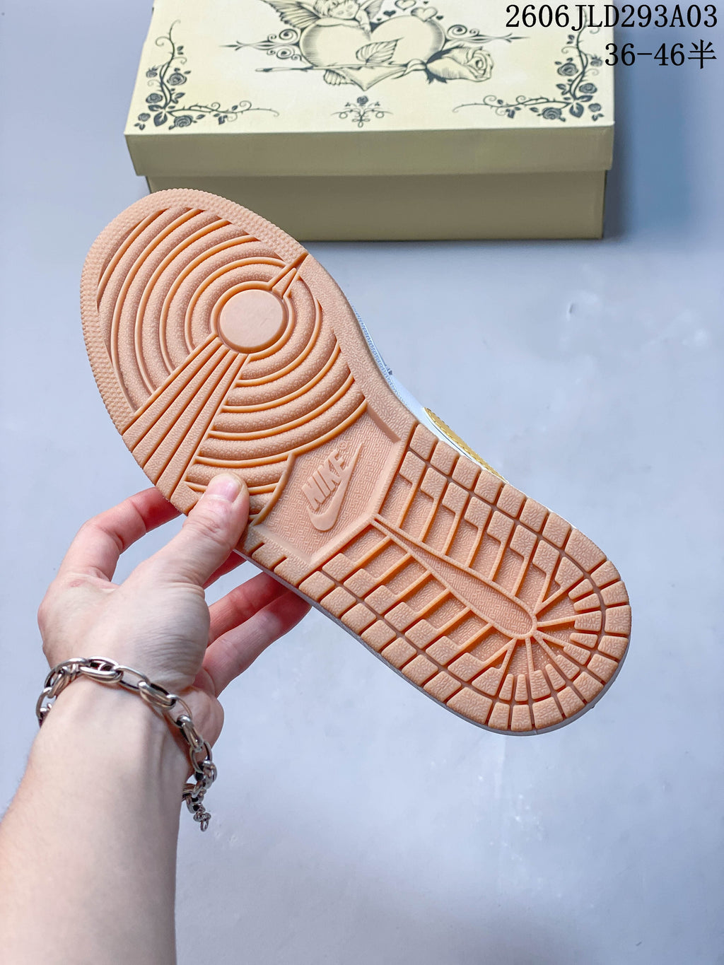 Gum-colored outsole of the Jordan sneakers
