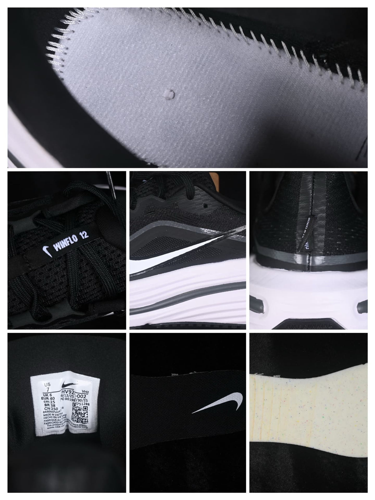 Collage of close-up product details, including the tongue branding, side swoosh, heel, interior size label and outsole.