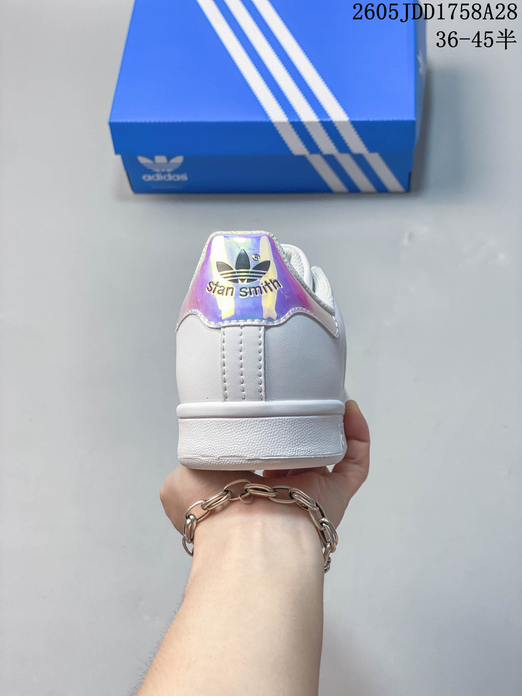 Rear view showing the iridescent heel tab and Stan Smith branding
