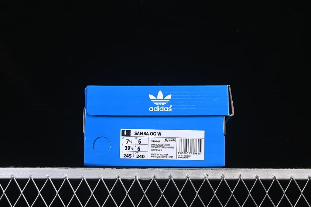 Shoe box label identifying Samba OG W and style JR9447