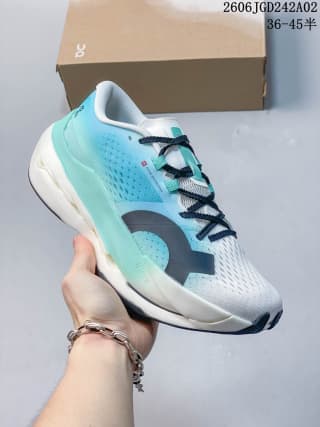 Three-quarter view showing the turquoise mesh-style upper, black ON logo and contrasting black laces.