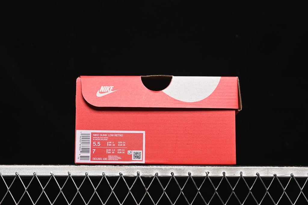 Nike shoe box showing Dunk Low Retro labeling and style code DD1391-100